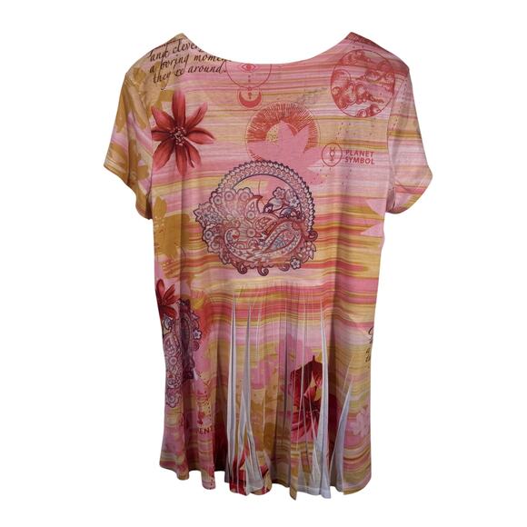 One World Top Women XL Gemini Pink Orange Astrology Floral Bling High Low Spring - Picture 2 of 9